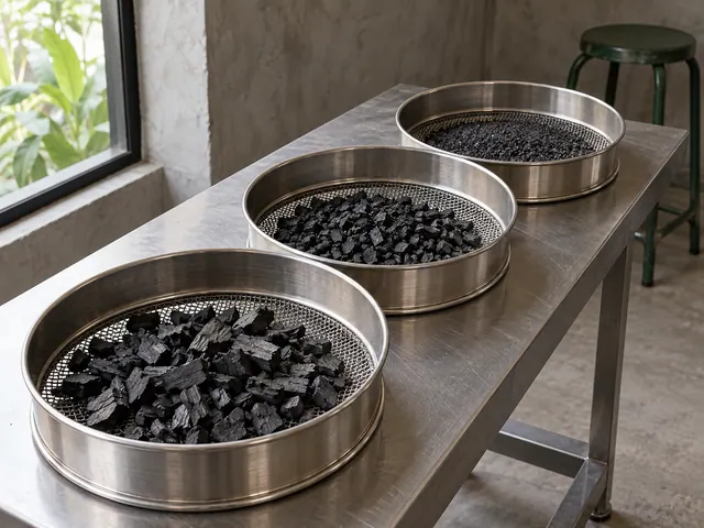 Three metal sieves hold different sizes of crushed charcoal on a workbench
